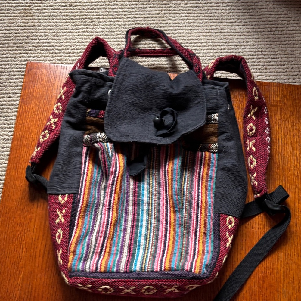RISING INTERNATIONAL boho colorful cotton backpack. Adjustable straps.
